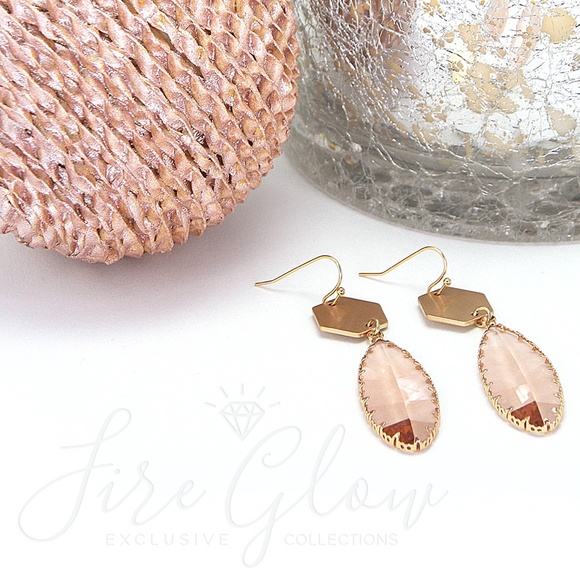 Peach Teardrop Gem Brushed Gold Tone Hex Earrings - Picture 13 of 15